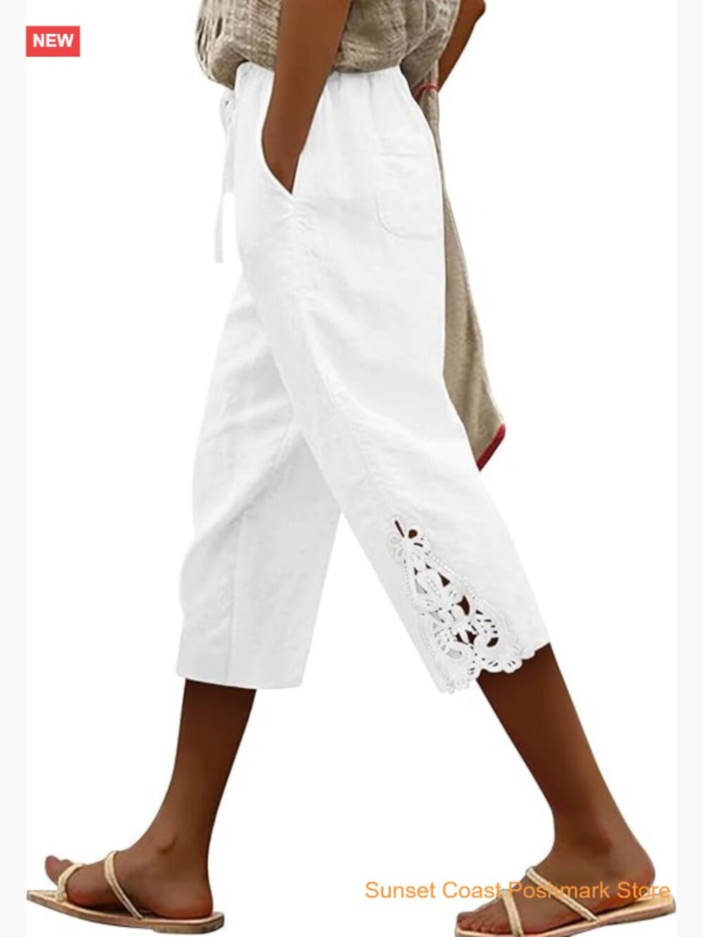 Womens Capri Pants Casual Cotton Linen Drawstring Elastic Waist Pockets